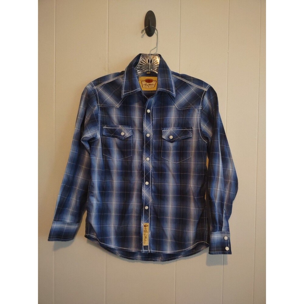 Larry Mahan | Youth Boys Blue Plaid Western Cowboy Collection Pearl Snap Size L